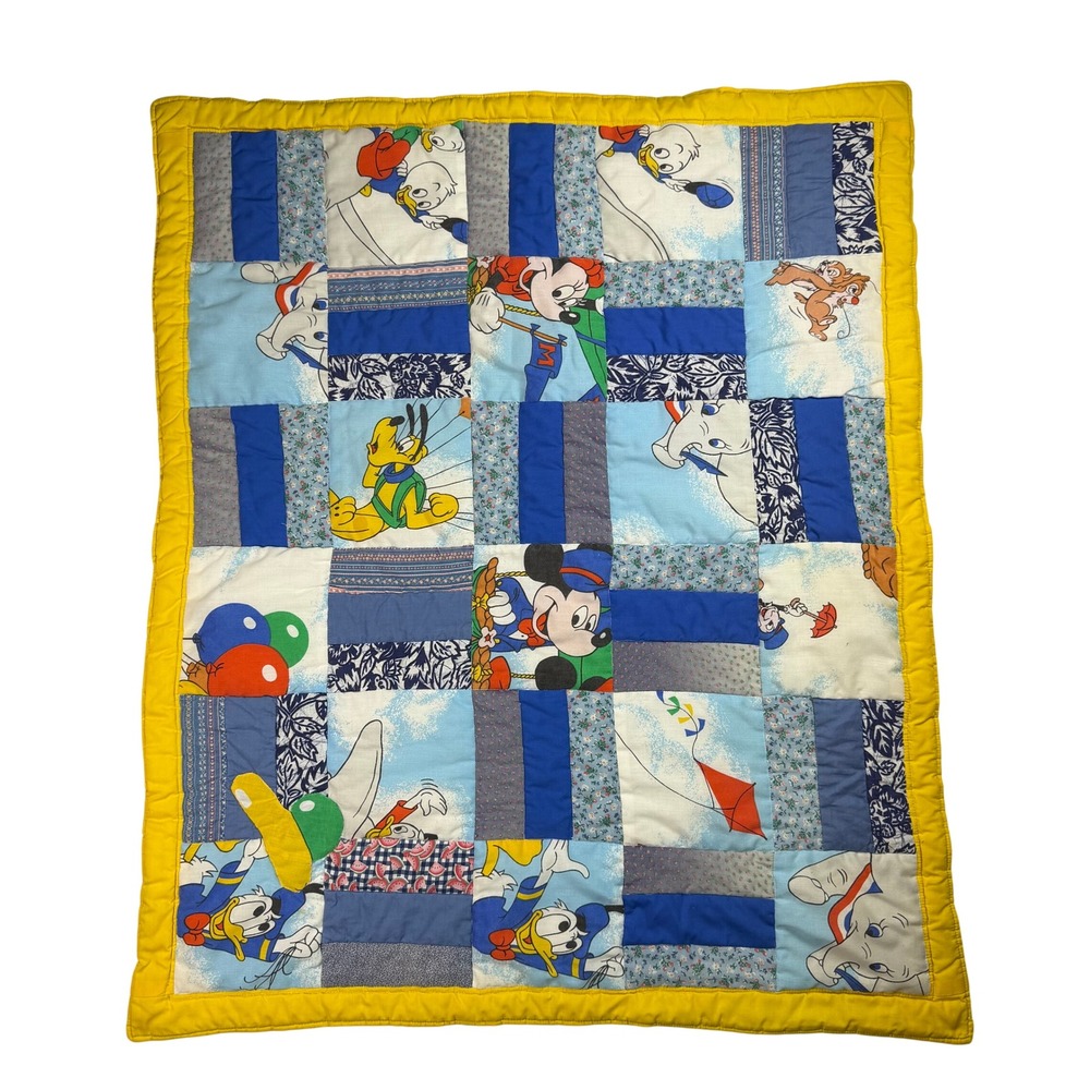 Disney Vintage Cottagecore Kids Patchwork Quilt Baby Blanket Blue Cotton Kidcore